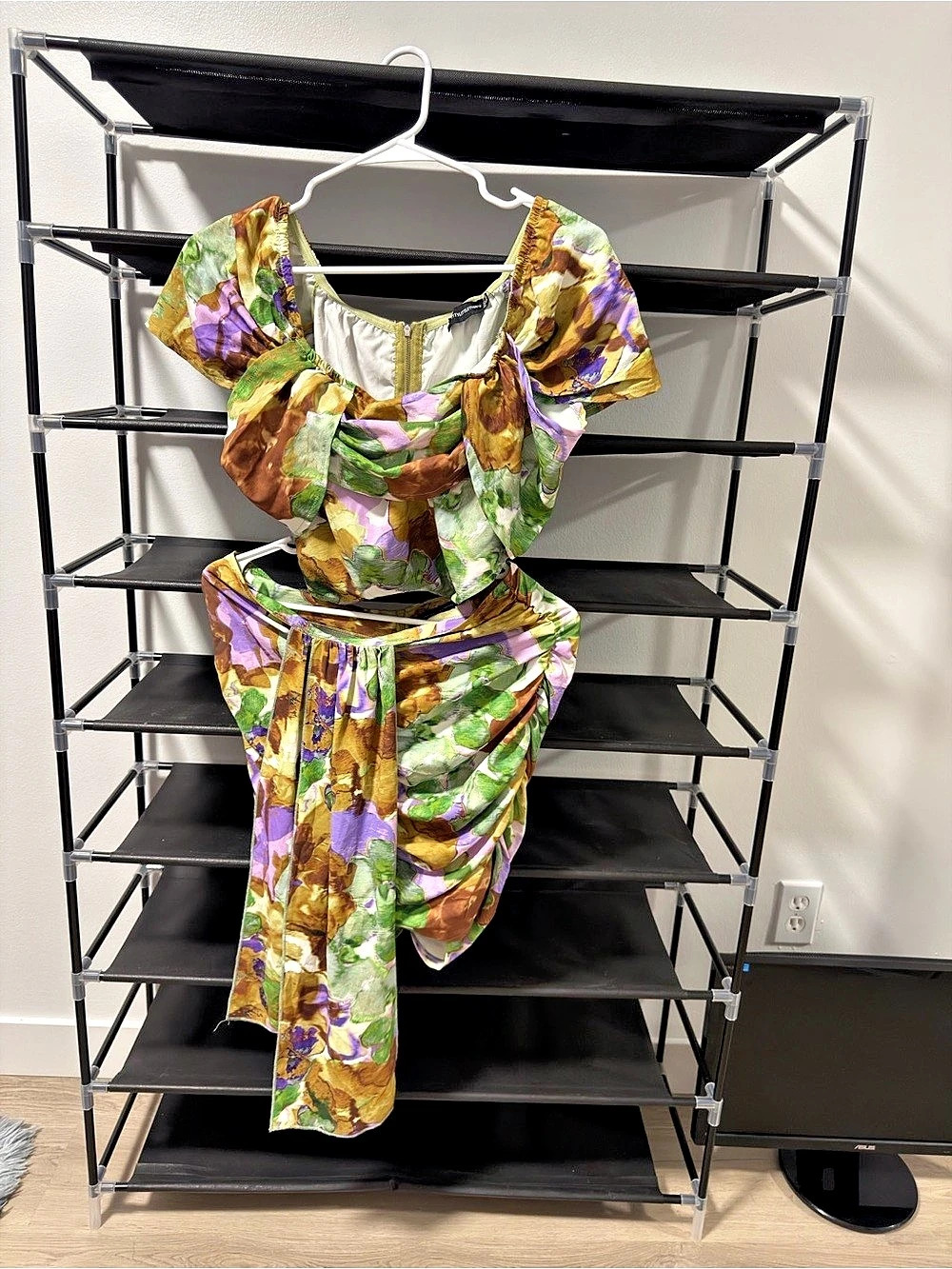 PrettyLittleThing Floral Two-Piece Set in Green & Purple Like New